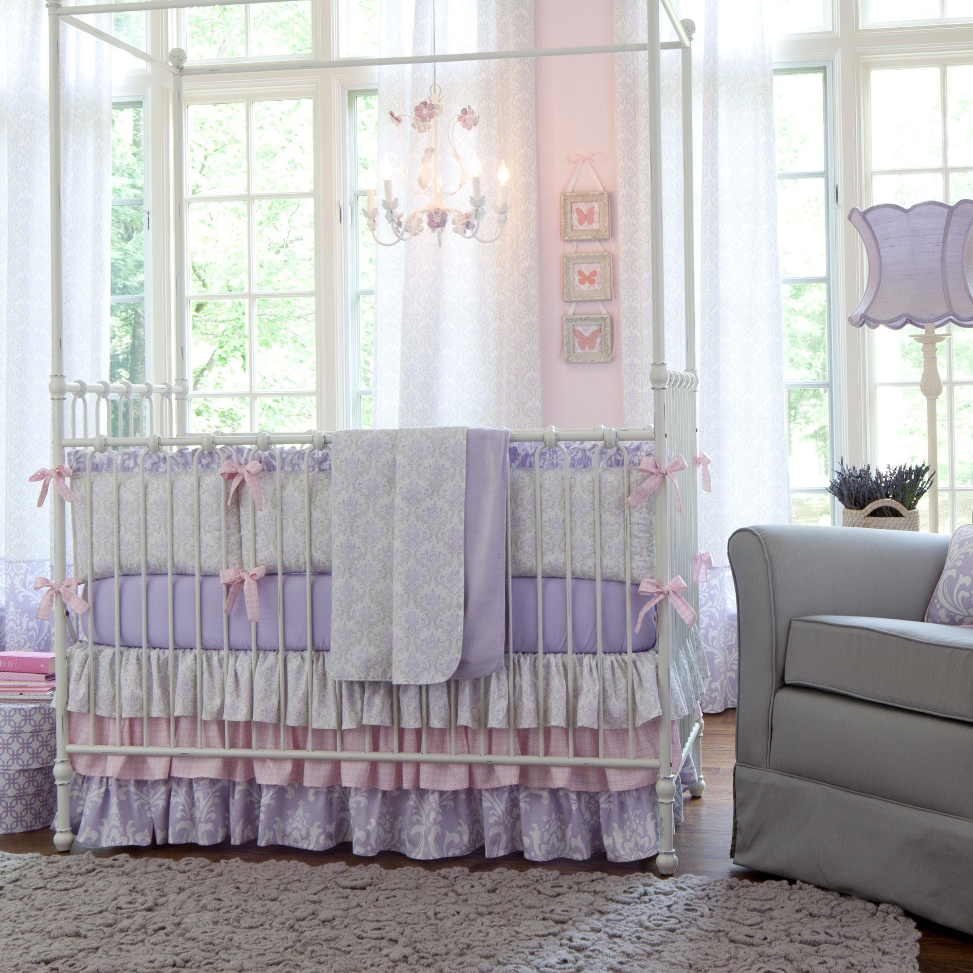 Baby Crib Decor
 Lilac and Silver Gray Damask Crib Bedding