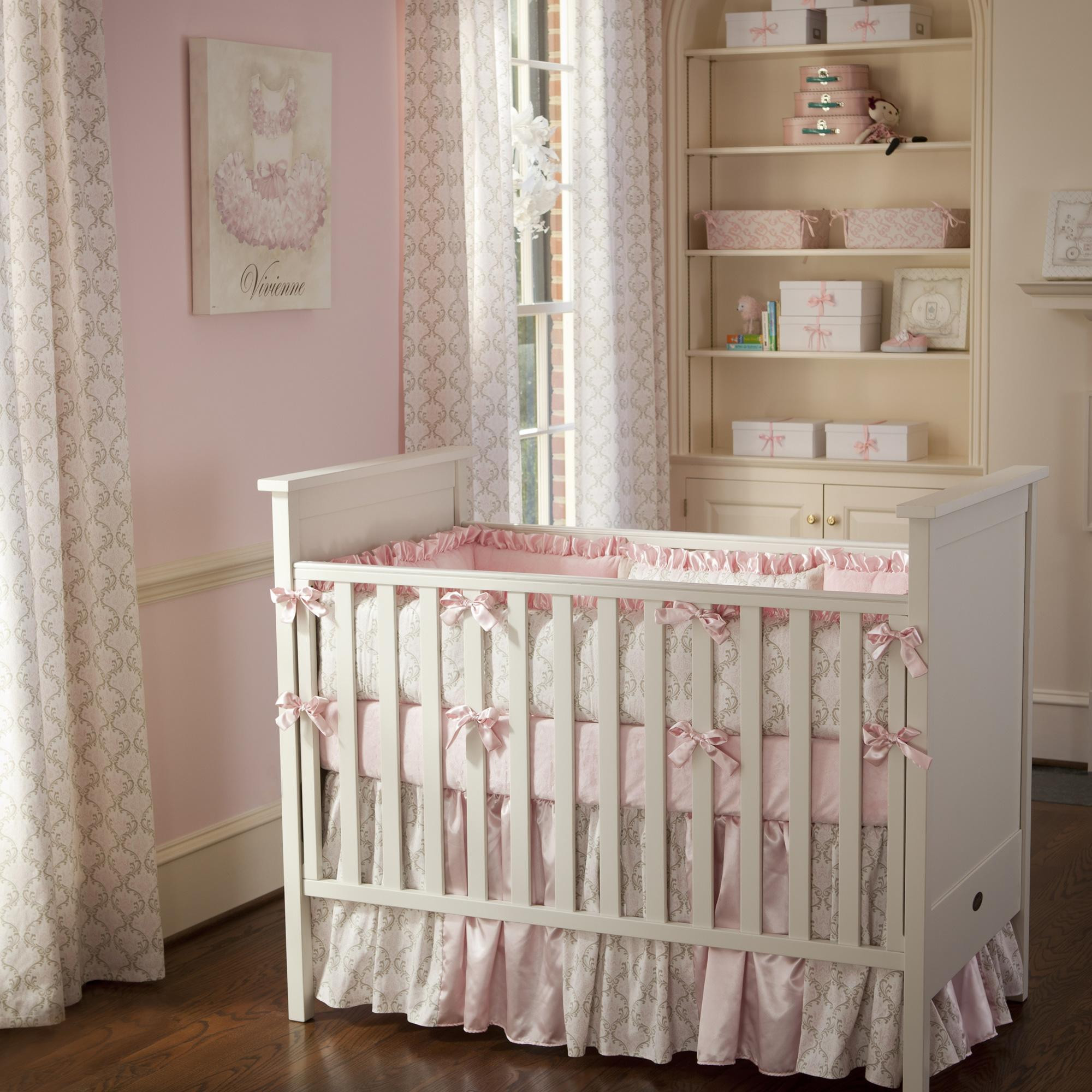 Baby Crib Decor
 Pink and Taupe Damask Crib Bedding