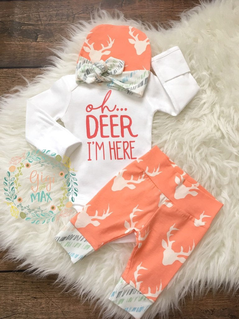 Baby Girl Fashion Outfits
 Newborn Baby girl ing home outfit Buck Coral Deer oh deer