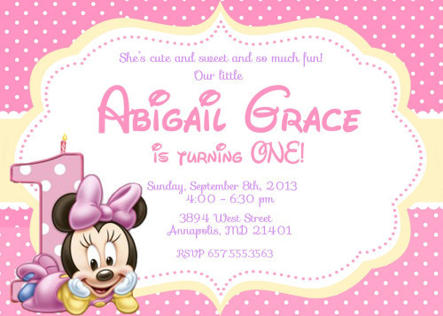 Baby Minnie Mouse 1st Birthday Invitations
 Baby Minnie Mouse First Birthday Party Invitation