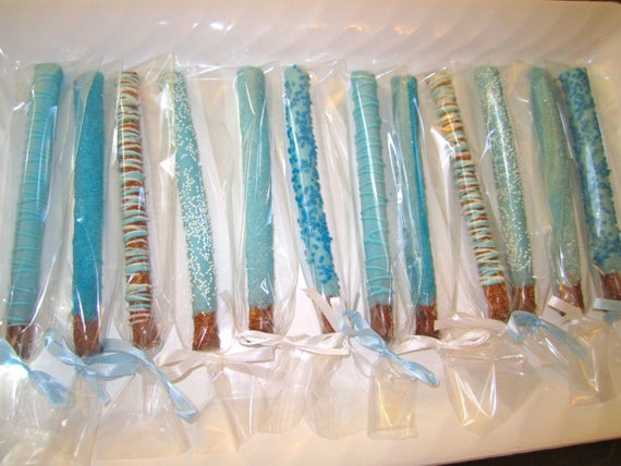 Baby Shower Pretzels
 Items similar to Chocolate covered pretzel rods blue baby
