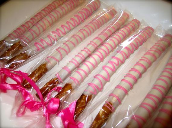 Baby Shower Pretzels
 Items similar to Chocolate covered pretzel rods pink and