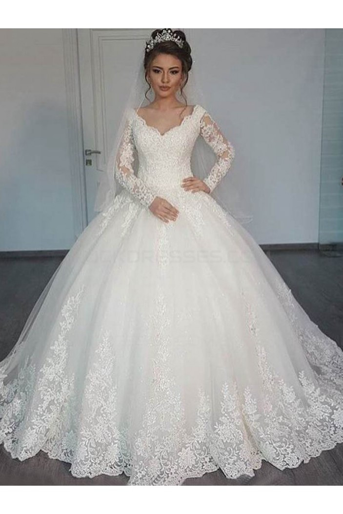 Ball Gowns Wedding Dress
 Bridal Ball Gown V Neck Lace Long Sleeves Wedding Dresses