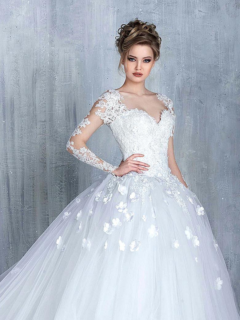 Ball Gowns Wedding Dress
 Elegant Tulle Appliques Long Sleeves Sweetheart Wedding