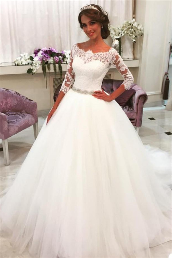 Ball Gowns Wedding Dress
 Lace Half Sleeves Ball Gown Wedding Dresses Scalloped