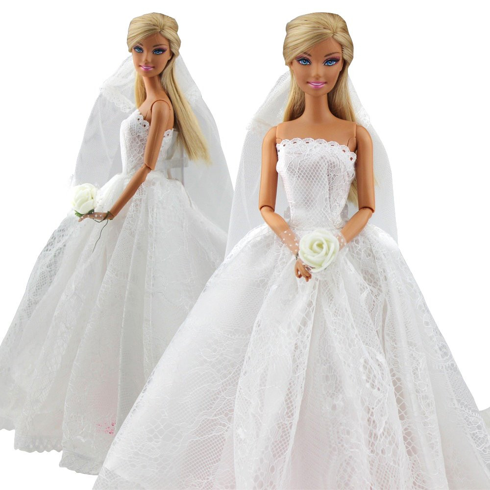 Barbie Wedding Dress
 Beautiful Bridal Wedding Gown Embroidery Dress w Veil For