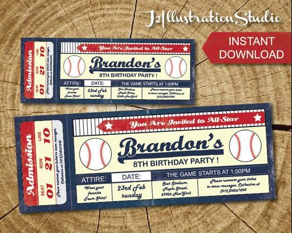 Baseball Ticket Birthday Invitations
 Baseball Ticket Invitation printable Kid Birthday