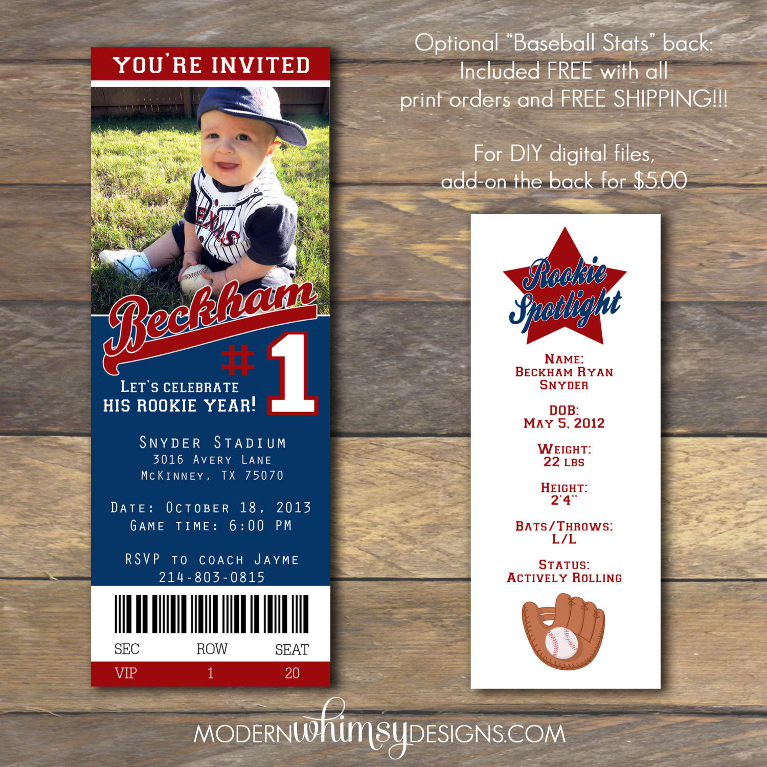 Baseball Ticket Birthday Invitations
 Printed Birthday Invitation TICKET baseball by