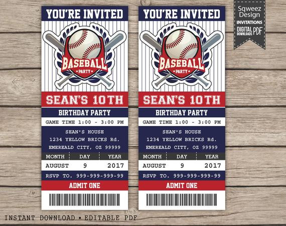 Baseball Ticket Birthday Invitations
 Baseball Birthday Invitation Baseball ticket invitation