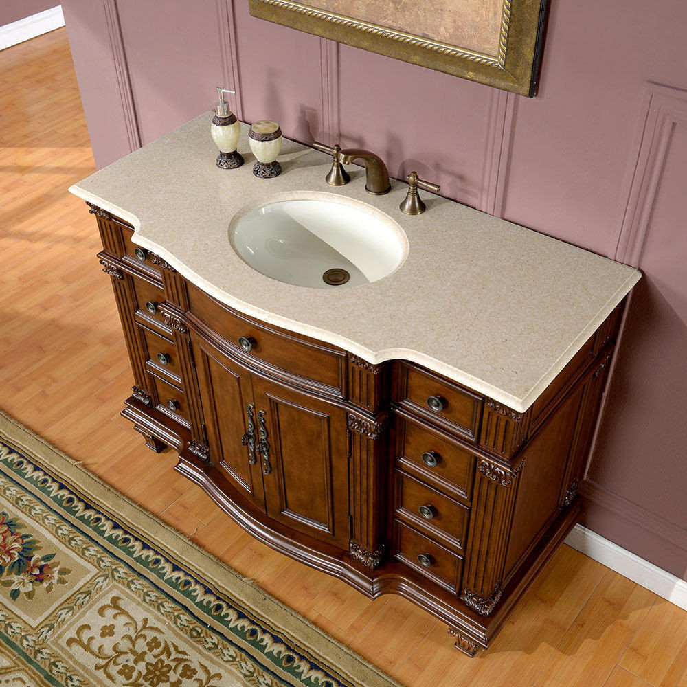 Bathroom Single Sink Vanity Cabinet
 48" Gorgeous Marble Top Ceramic Single Sink Bathroom