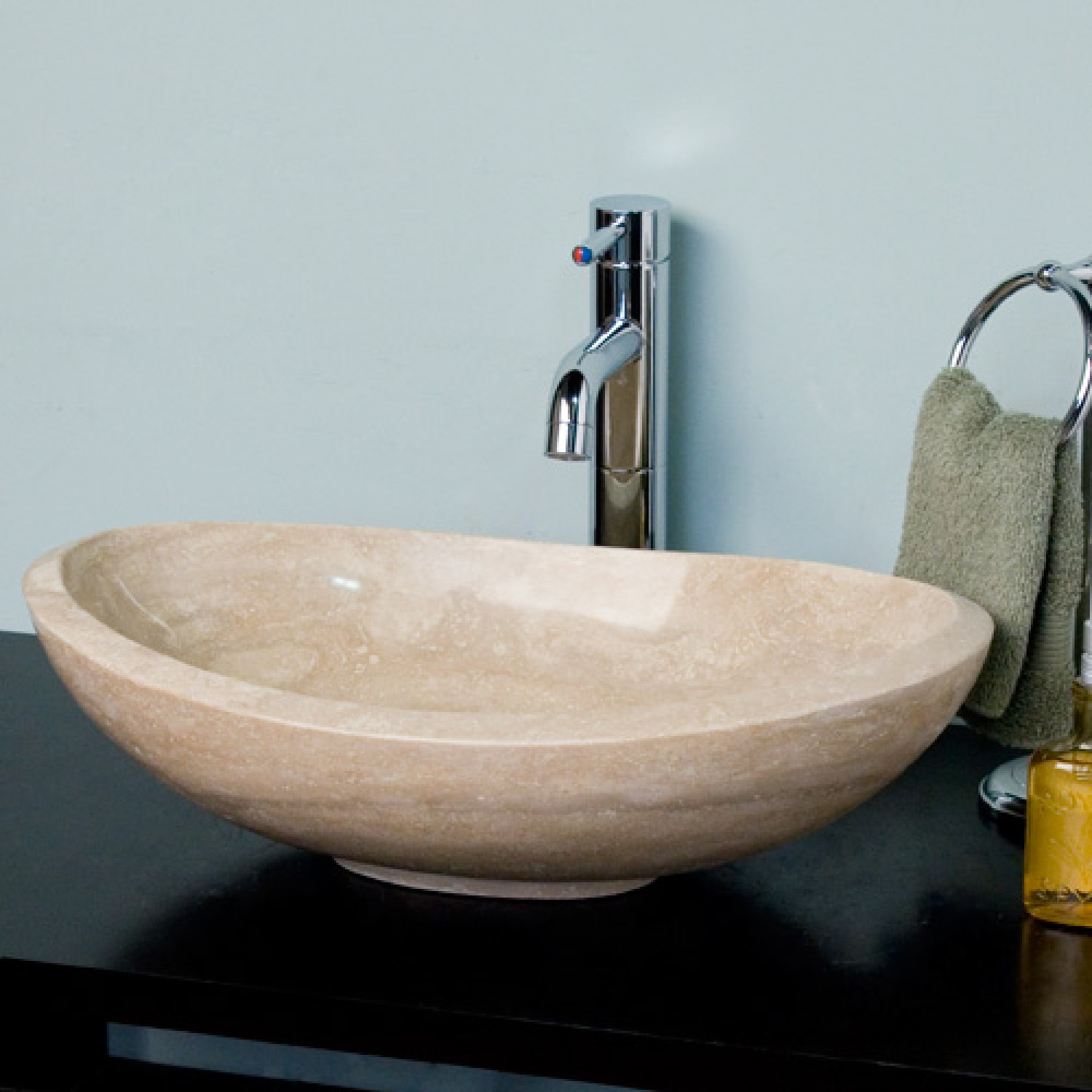 Bathroom Vessel Sinks
 Curved Oval Polished Beige Travertine Platform Vessel Sink