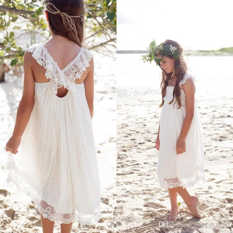 Beach Wedding Flower Girl Dresses
 New 2017 Ivory Chiffon Tea Length Boho Beach Country
