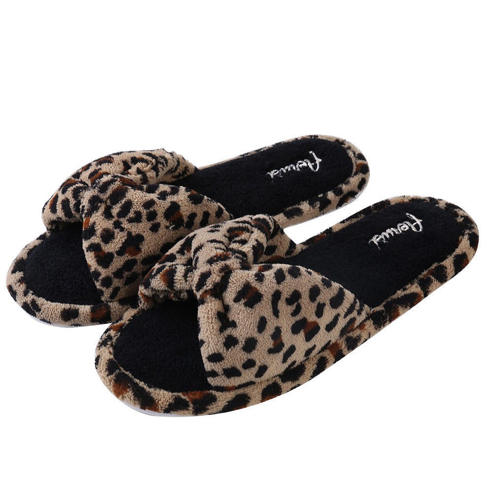 Bedroom Shoes Womens
 Women Open Toe Cozy Slide Bowknot Leopard Print Spa