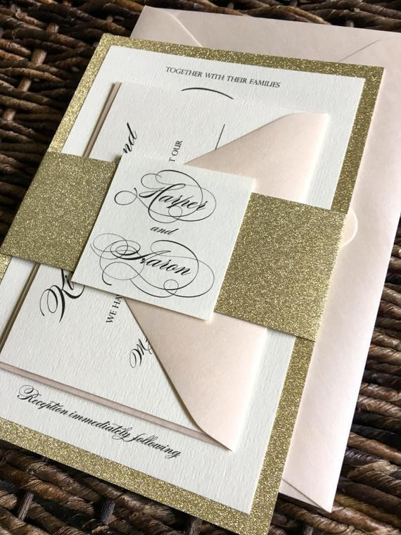 Belly Bands For Wedding Invitations
 Gold Glitter Wedding Invitation with Glitter Belly Band Gold