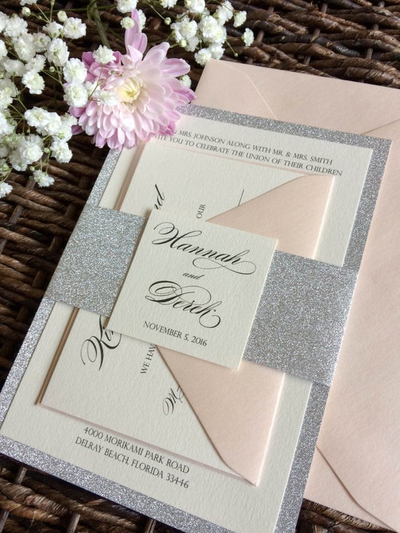 Belly Bands For Wedding Invitations
 Silver Glitter Wedding Invitation with Glitter Belly Band