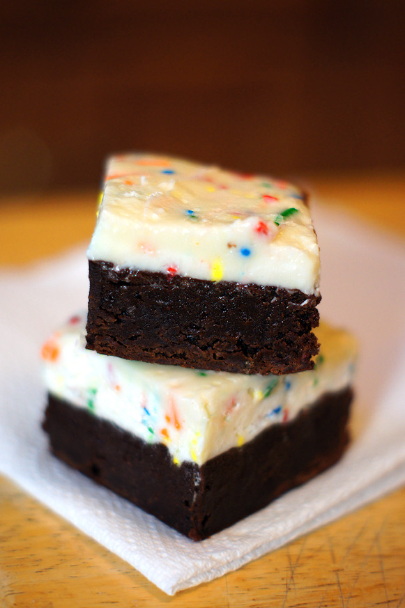 Birthday Cake Brownies
 Fudge Brownies with Cake Batter Frosting AKA ColdStone