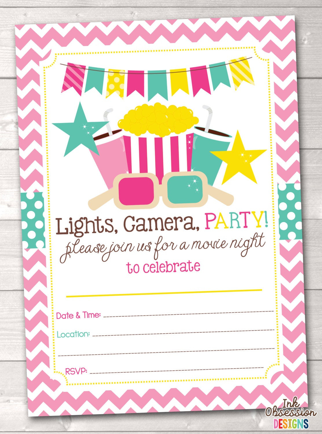 Birthday Party Invitations Printable
 Printable Girls Movie Party Birthday Party Invitation Instant