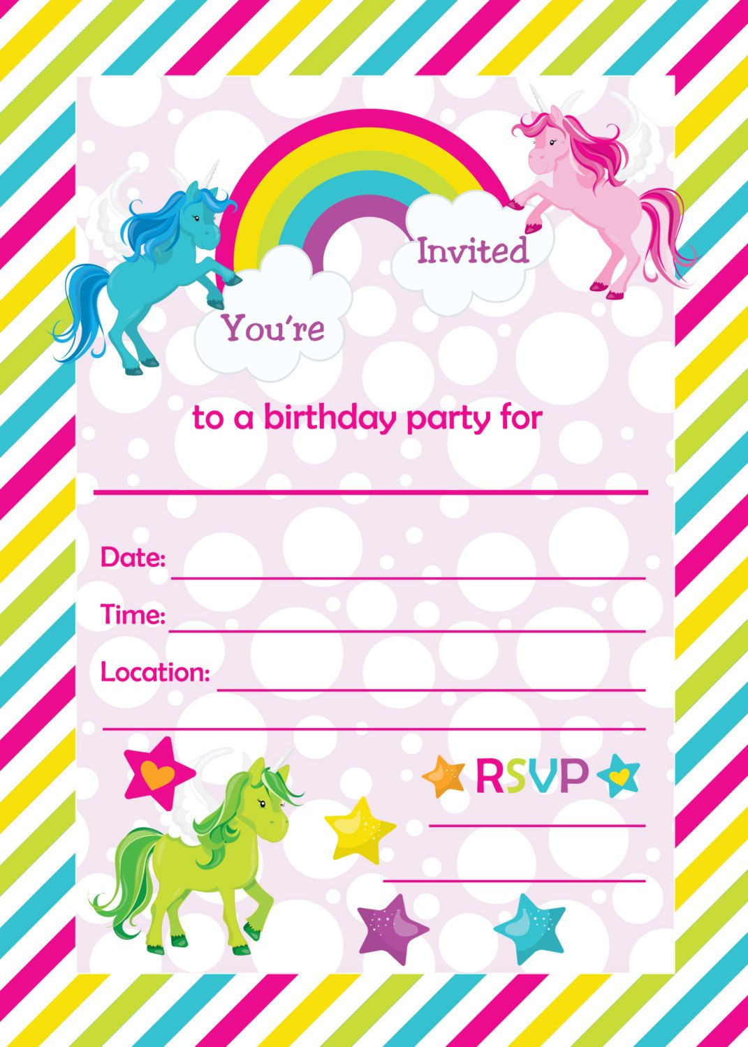 Birthday Party Invite
 Fill In Birthday Party Invitations Printable Rainbows and