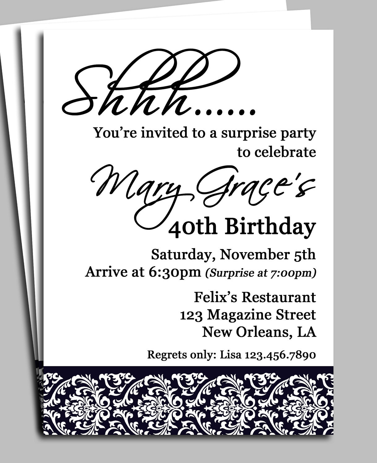 Birthday Party Invite Template
 Black Damask Surprise Party Invitation Printable or Printed
