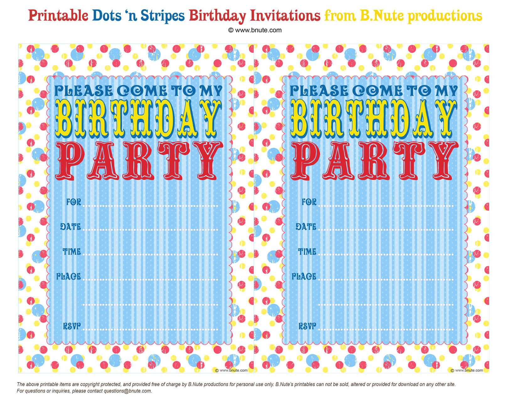Birthday Party Invite Template
 bnute productions Free Printable Dots n Stripes Birthday