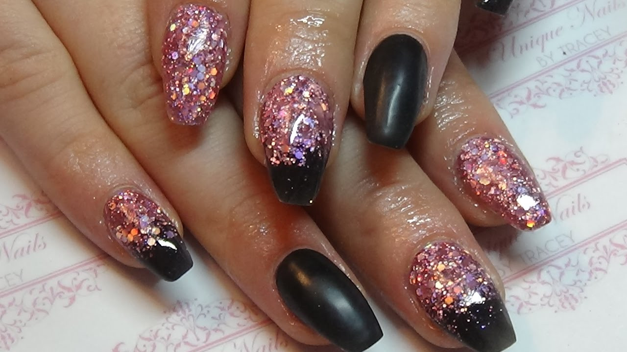 Black Glitter Acrylic Nails
 Black with pink holographic glitter acrylic nails