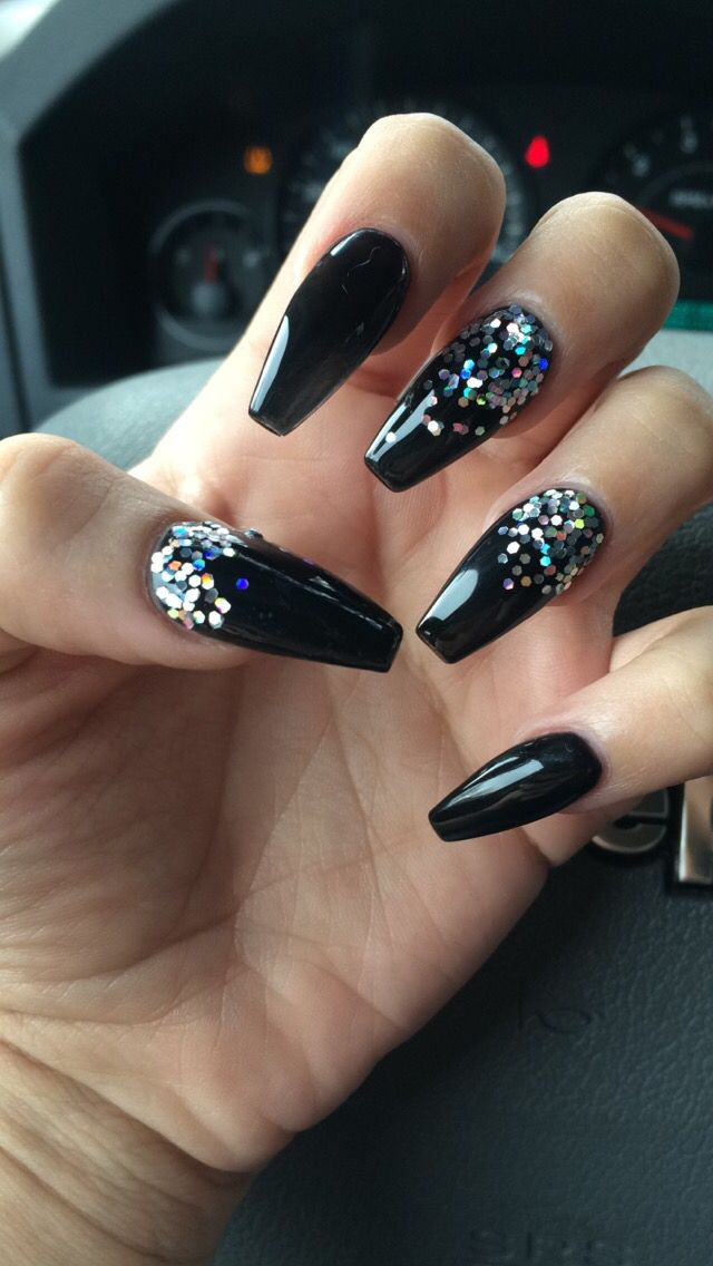 Black Glitter Acrylic Nails
 Coffin nails Black with Glitter nails coffin