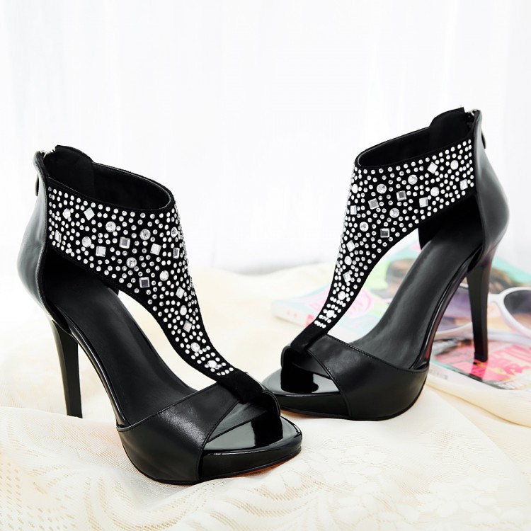 Black Wedding Shoes
 High Heel Pearl Open Back Zipper Sandals Black Wedding