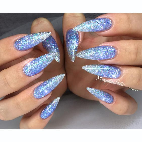 Blue Nails With Glitter
 35 Stunning Pointy Stiletto Nails