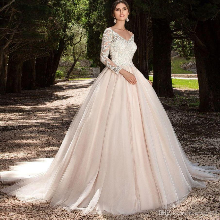 Blush Colored Wedding Dress
 Discount Tulle Long Sleeve Blush Color Wedding Dress V