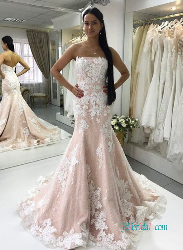 Blush Colored Wedding Dress
 H1005 Blush pink with white lace mermaid wedding dress