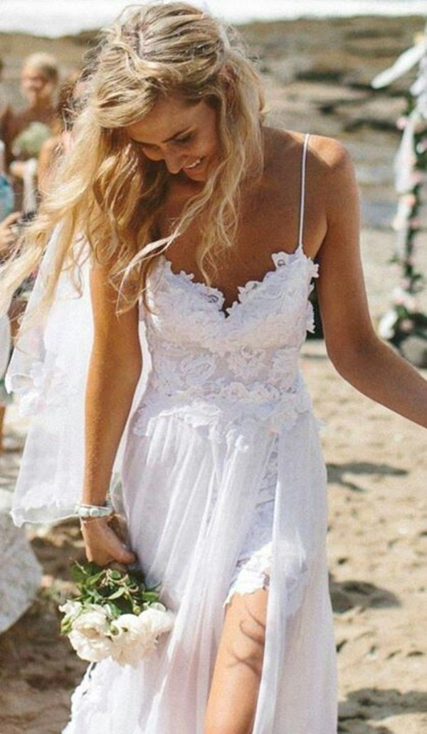 Bohemian Beach Wedding Dress
 Beach Wedding Dresses Spaghetti Straps Appliques Low Back