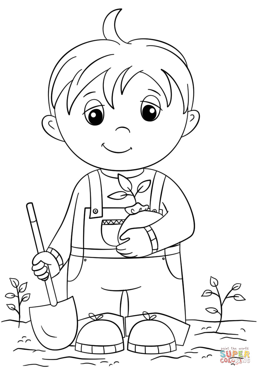 Boys Coloring Sheets
 Cute Little Boy Holding Seedling coloring page