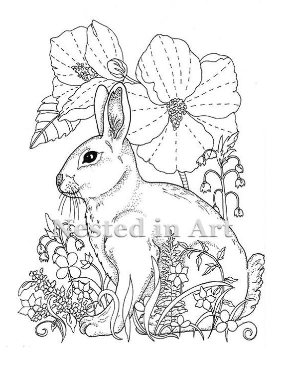 Bunny Coloring Pages For Adults
 Adult Coloring Page Bunny and Hibiscus Digital Download