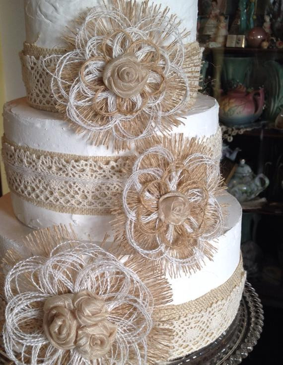 Burlap Wedding Cakes
 Burlap and Lace Wedding Cake Topper Flower Set of 4