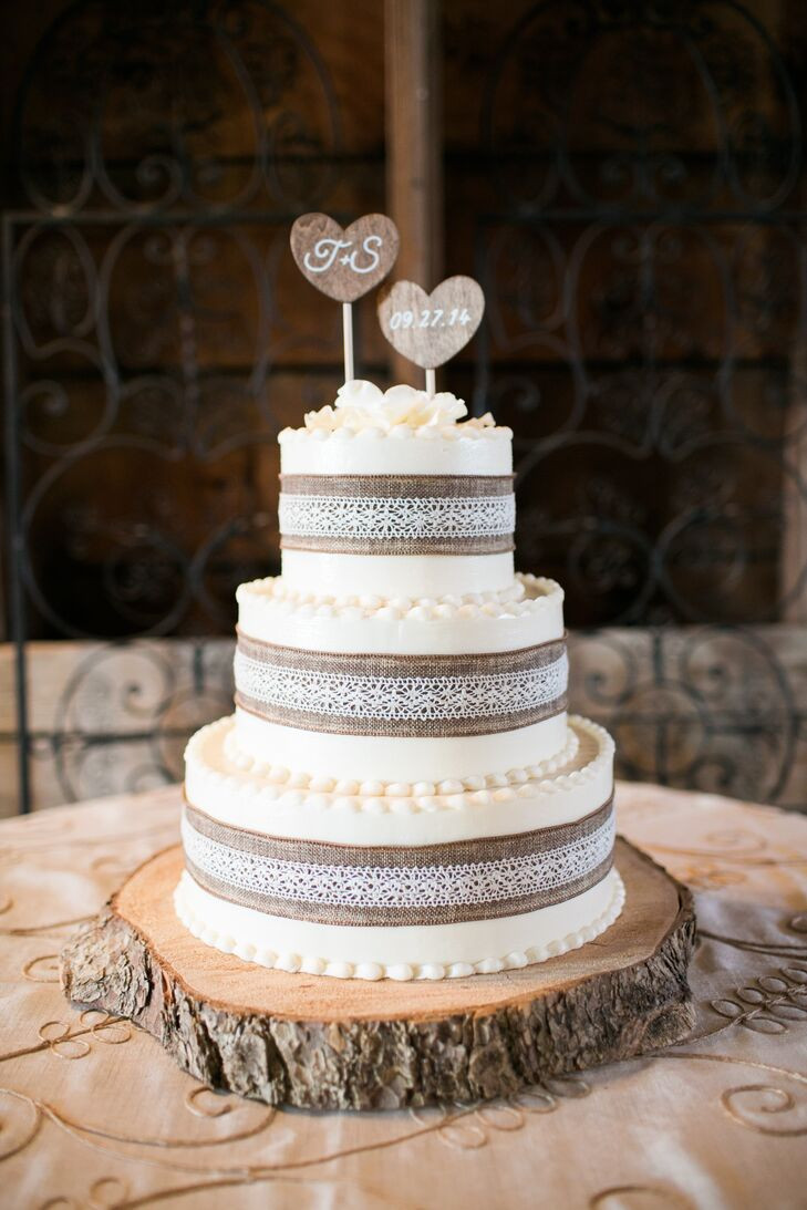 Burlap Wedding Cakes
 Wedding Cake with Burlap and Lace and Custom Wood Heart Topper