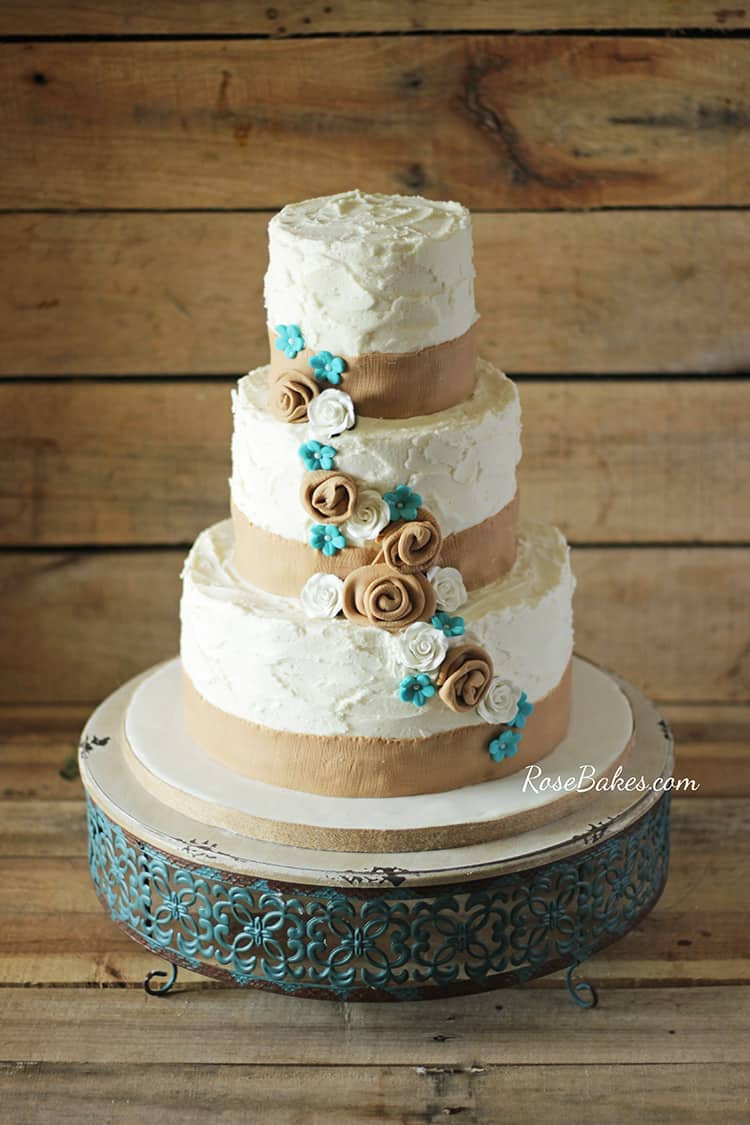 Burlap Wedding Cakes
 Rustic Burlap & Turquoise Flowers Wedding Cake Rose Bakes