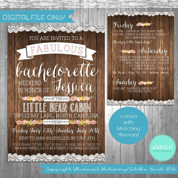 Cabin Bachelorette Party Ideas
 Bachelorette Party Weekend Invitation & Itinerary "Camping