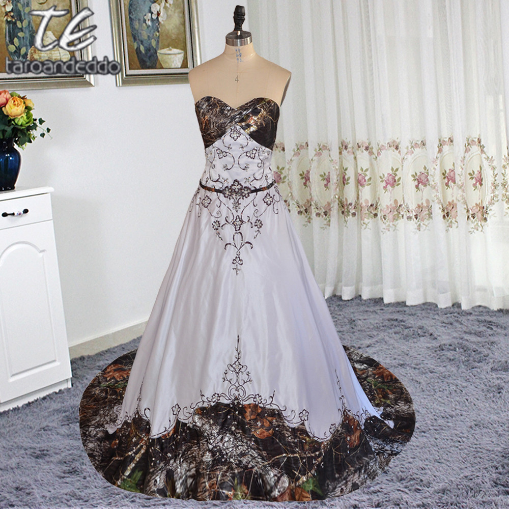 Camo Wedding Dresses Cheap
 Strapless Embroider Chocolate Lace Crystals A line White