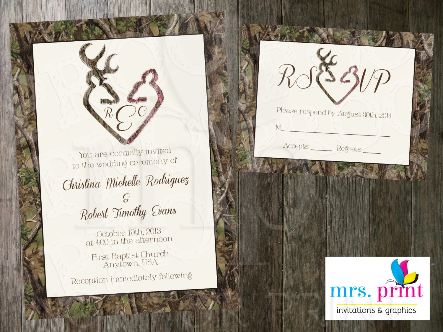 Camo Wedding Invitations
 Camo Deer Hearts Wedding Invitation and RSVP Card by MrsPrint
