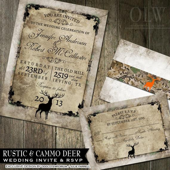 Camo Wedding Invitations
 Rustic Distressed Camo Tree Wedding Invitation Suite wth Deer