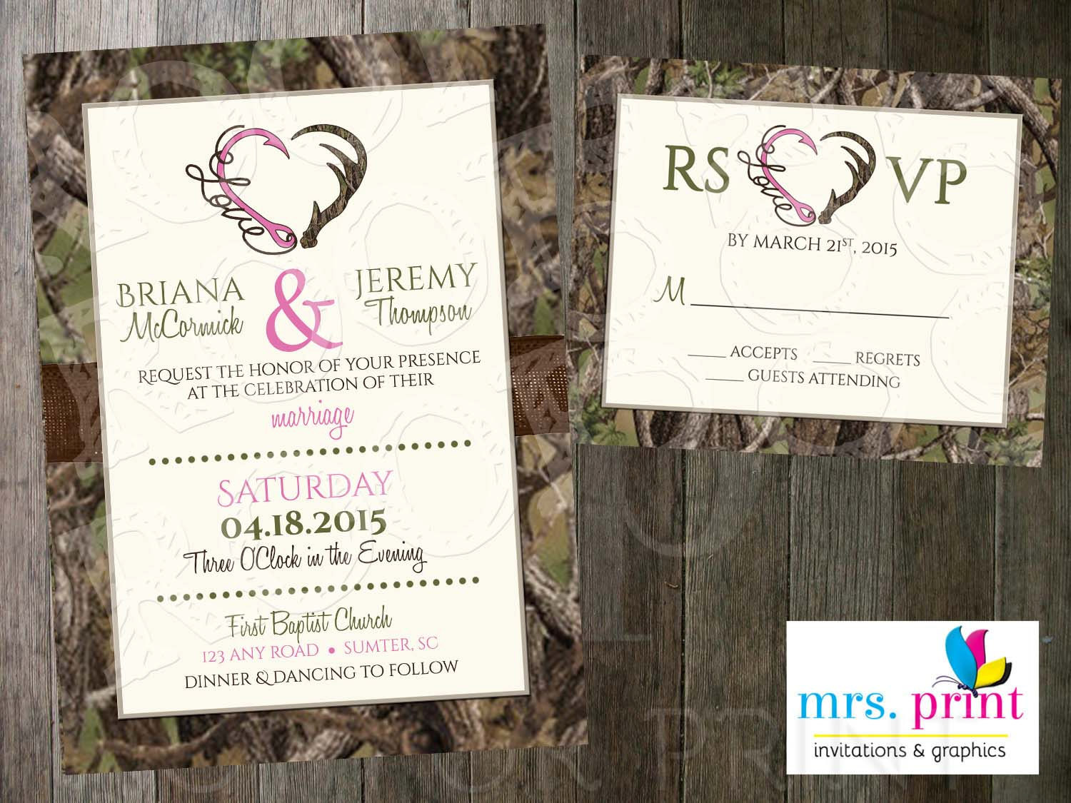 Camo Wedding Invitations
 Hooked Love Camo Wedding Invitation and RSVP Card by