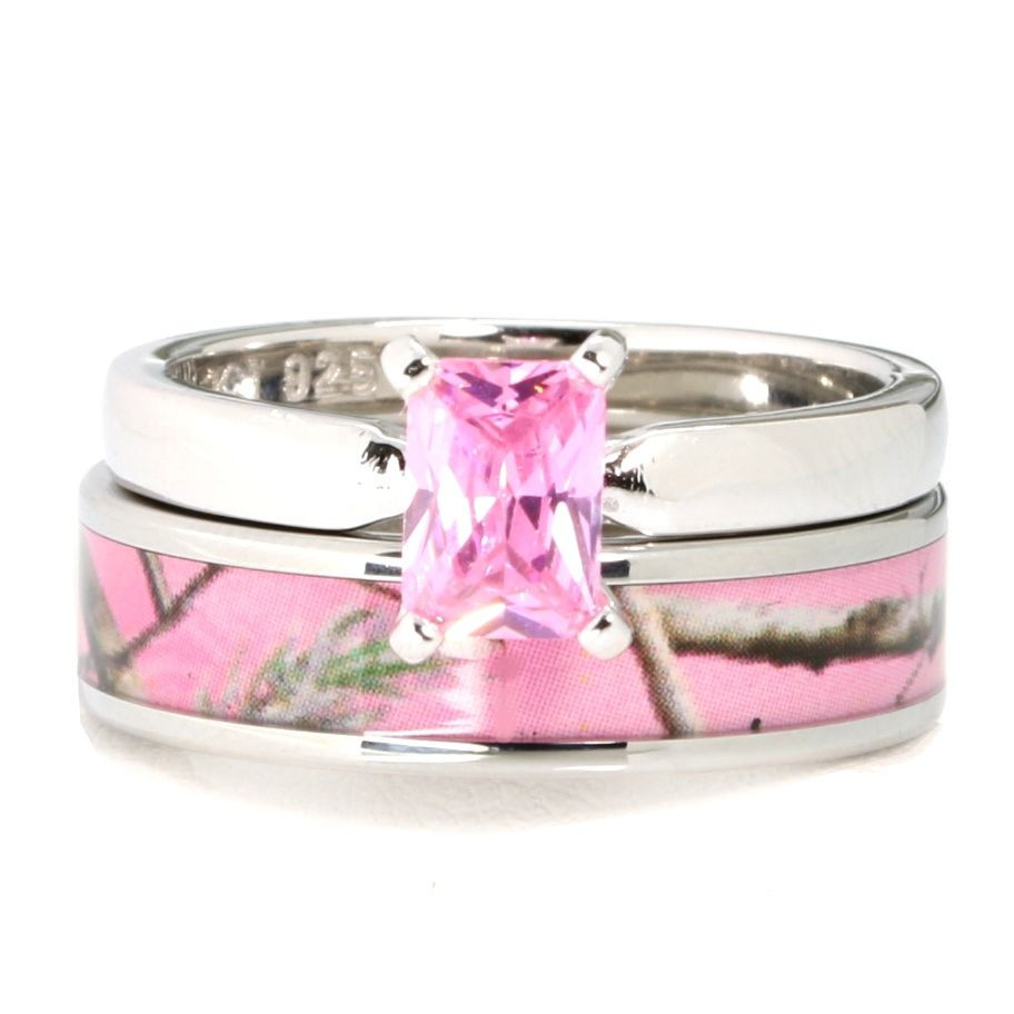 Camo Wedding Ring Set
 Pink Camo Stainless Steel Band 925 Sterling Silver