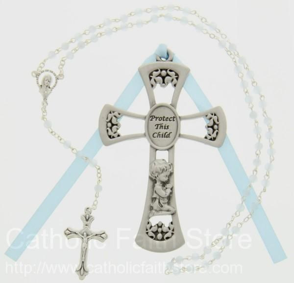 Catholic Child Gift
 Protect This Child Cross with Baby Rosary Set Boy