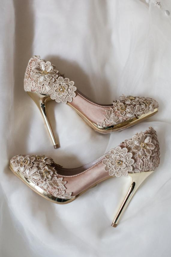 Champagne Colored Wedding Shoes
 SALE Vintage Flower Lace Wedding Shoes with Champagne Gold