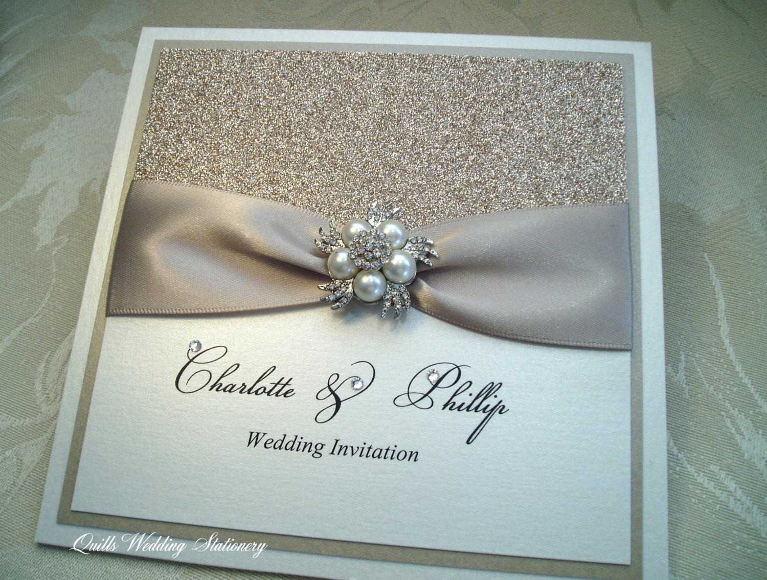 Champagne Wedding Invitations
 Champagne Glitter Luxury Wedding Invitation with Pearl