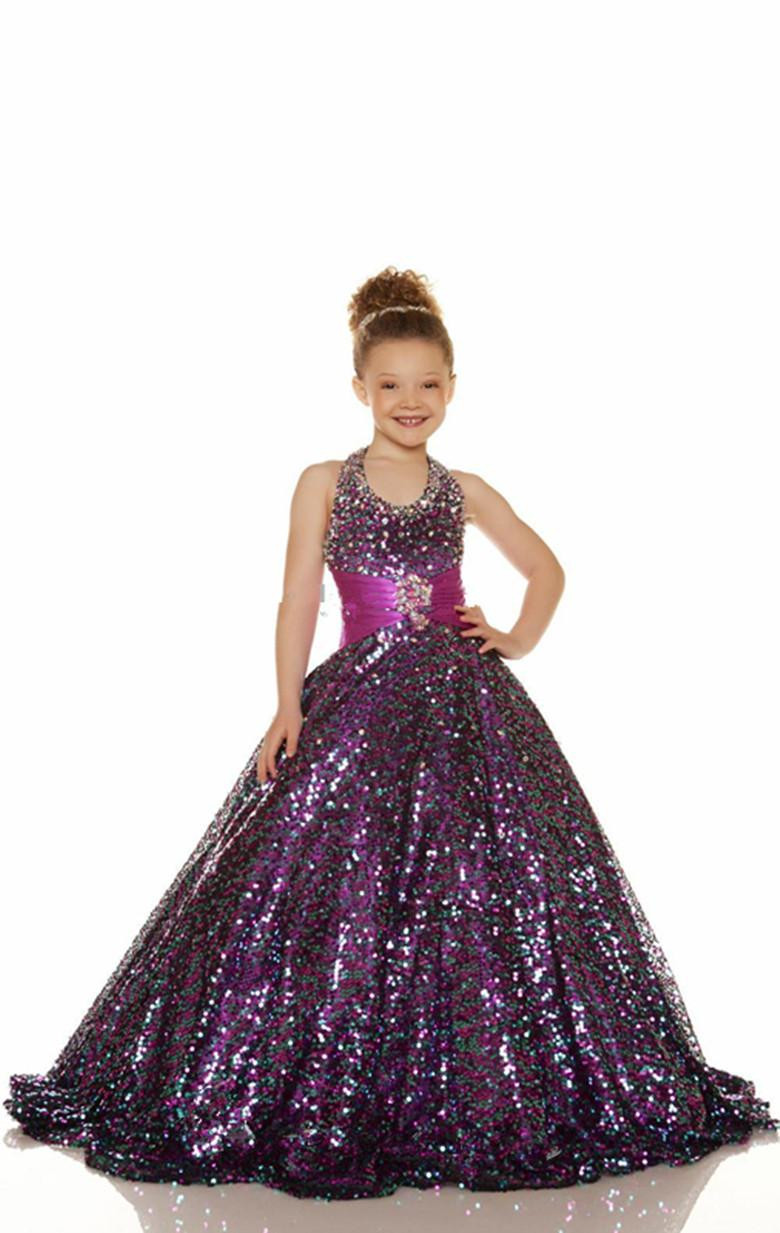 Cheap Party Dresses For Kids
 2015 Cheap Gold Purple Flower Girl Dress Beaded Halter