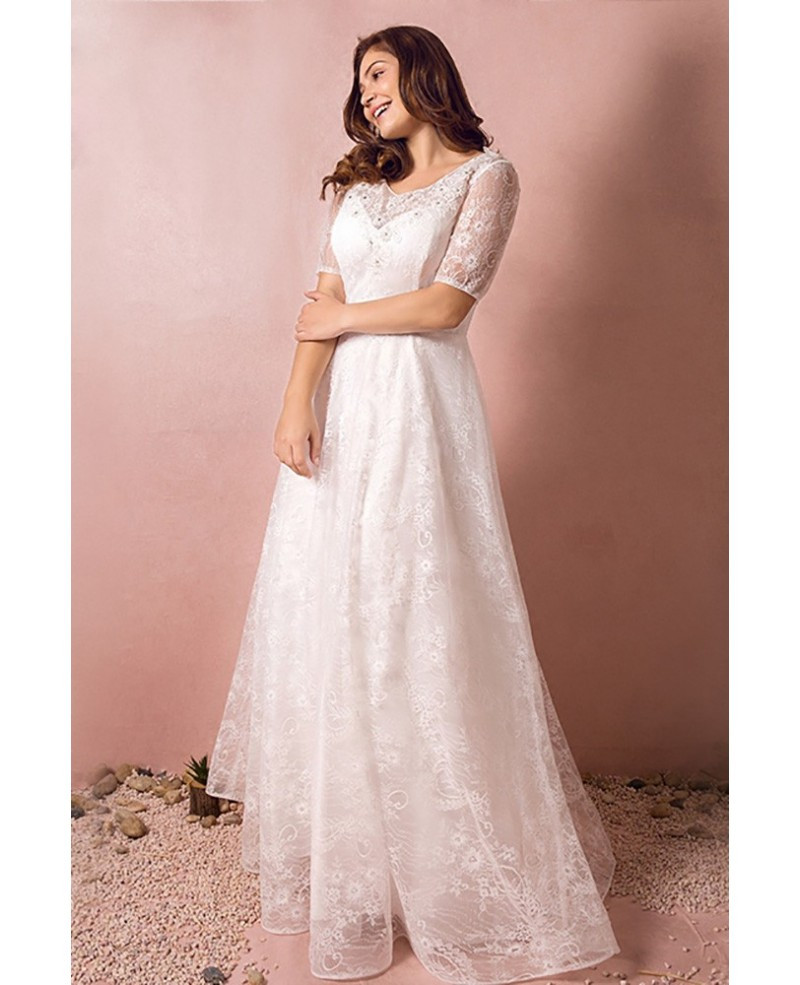 Cheap Wedding Dresses With Sleeves
 Modest Lace Short Sleeve Plus Size Wedding Dress With