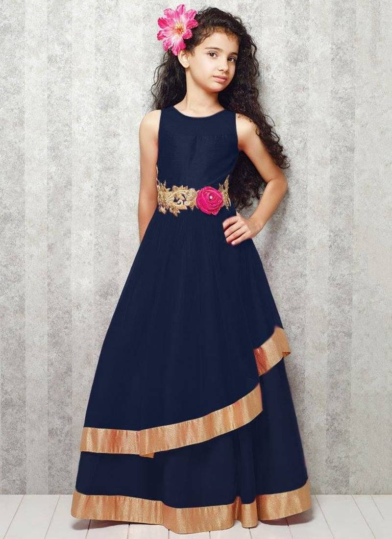 Children Dress Design
 Buy blue satin designer embroidered partywear kids gown