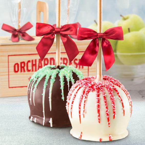 Christmas Candy Apples
 Holiday Chocolate Covered Caramel Apples Pair in a Wooden