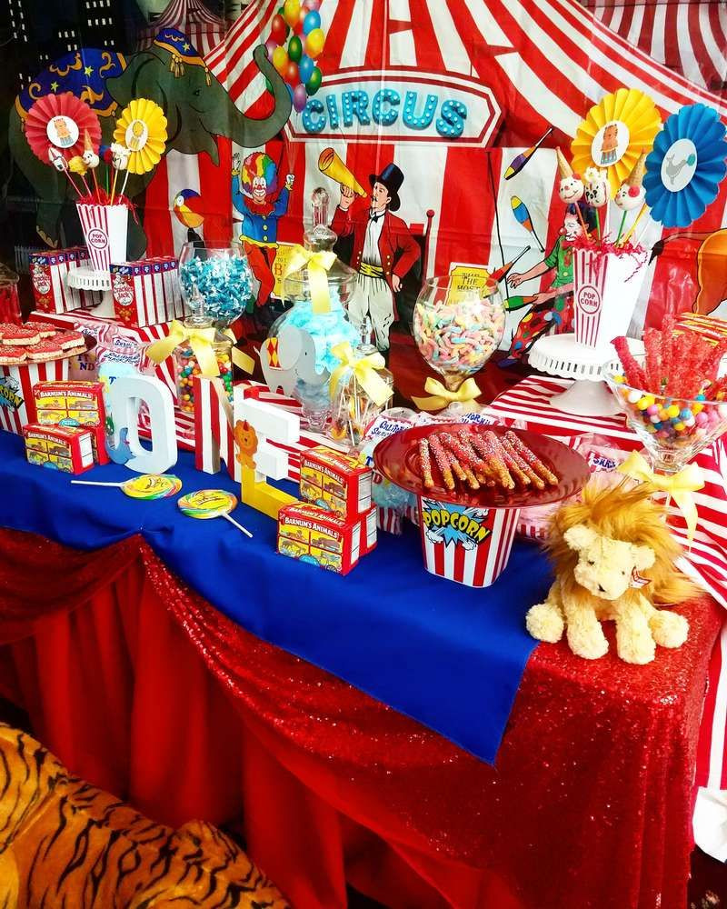Circus Birthday Party
 The dessert table at this Circus Carnival Birthday Party